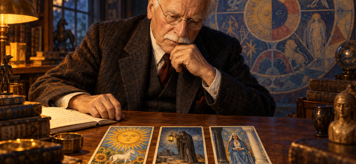Illustration of Carl Jung contemplating Tarot cards at a desk, with a mandala behind him