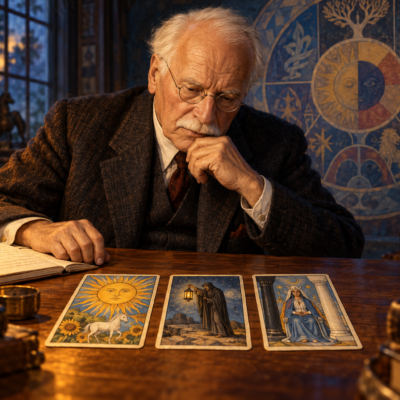 Illustration of Carl Jung contemplating Tarot cards at a desk, with a mandala behind him